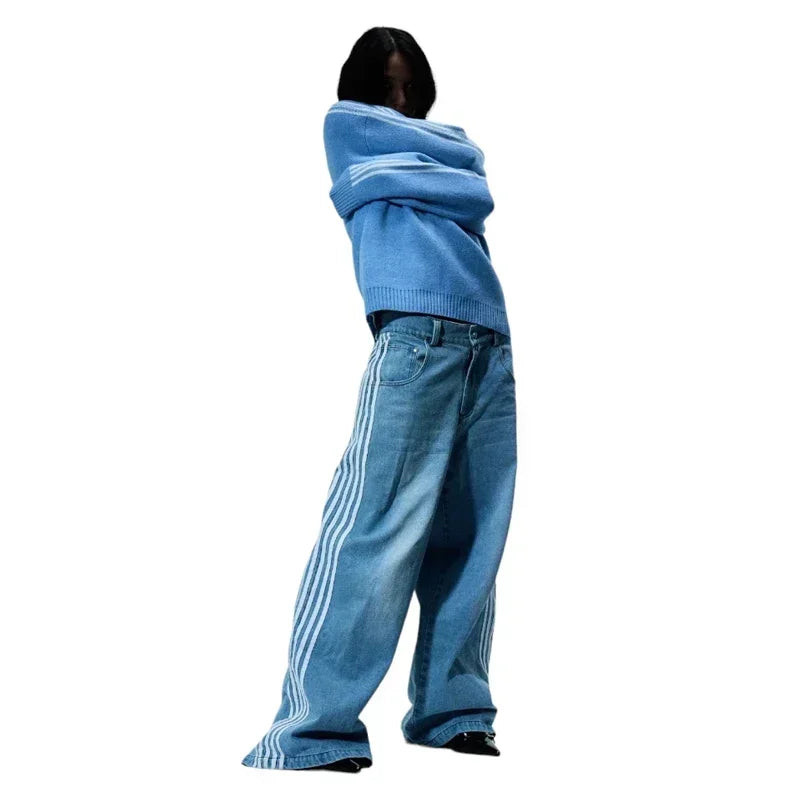 Unisex Jeans 2025 - High Street Vintage Striped Embroidered Harajuku Hip Hop Baggy
