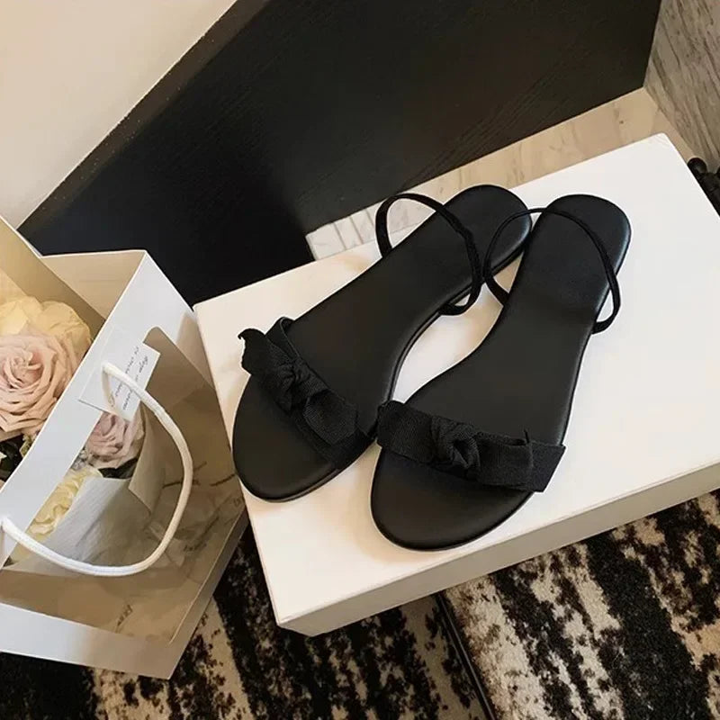 Flat Bottomed Slippers for Women Summer Bow Shaped Slimming Straight Strap Flat Sandals Women's Open Toed French Slippers Womens