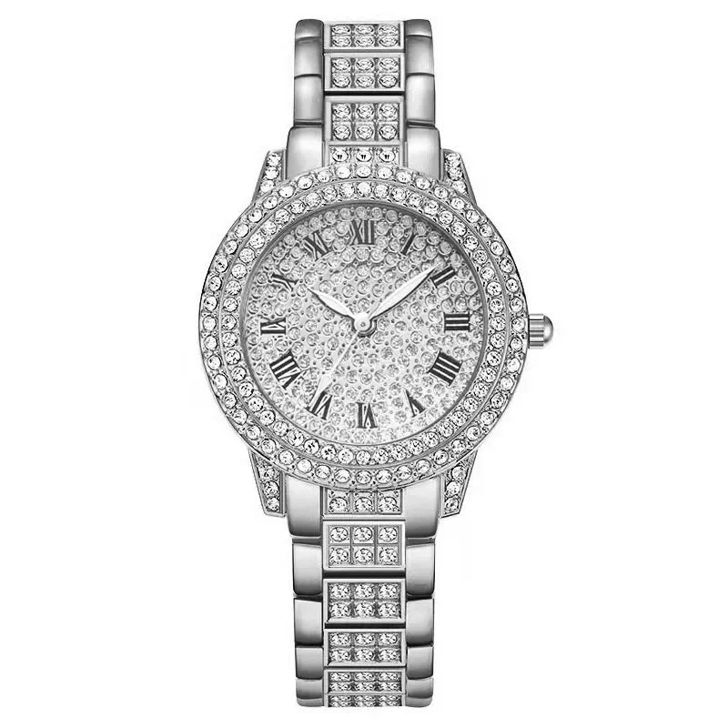 Mode Luxus Vollkristall 5-teiliges Set - Uhr Halskette Ohrringe Ring Set für Damen - Strass Armbanduhr Damen Armband Set Geschenk