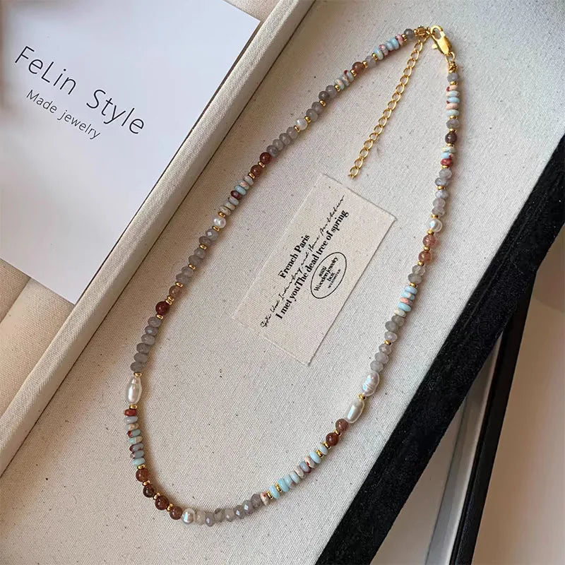 Colier cu pandantiv din perle, țesut manual, cu piatră naturală, lanț cu mărgele, accesorii luxoase pentru gâtul femeilor, bijuterii de modă