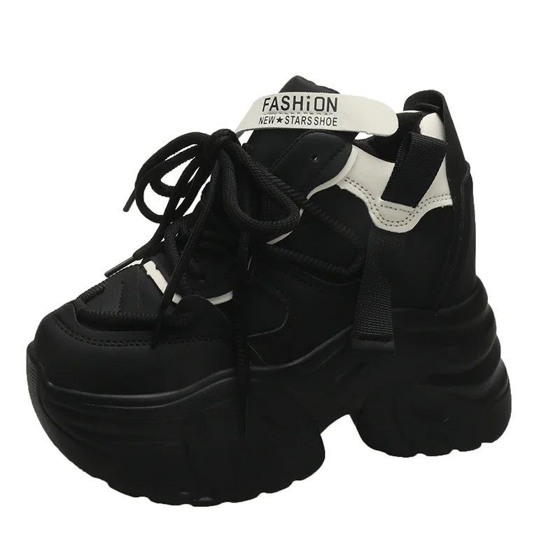 Women Walking Sneakers Autumn Lace-up High Platform Chunky Shoes Breathable Leather Shoes 10.5CM Winter Wedge Heels Casual Shoes