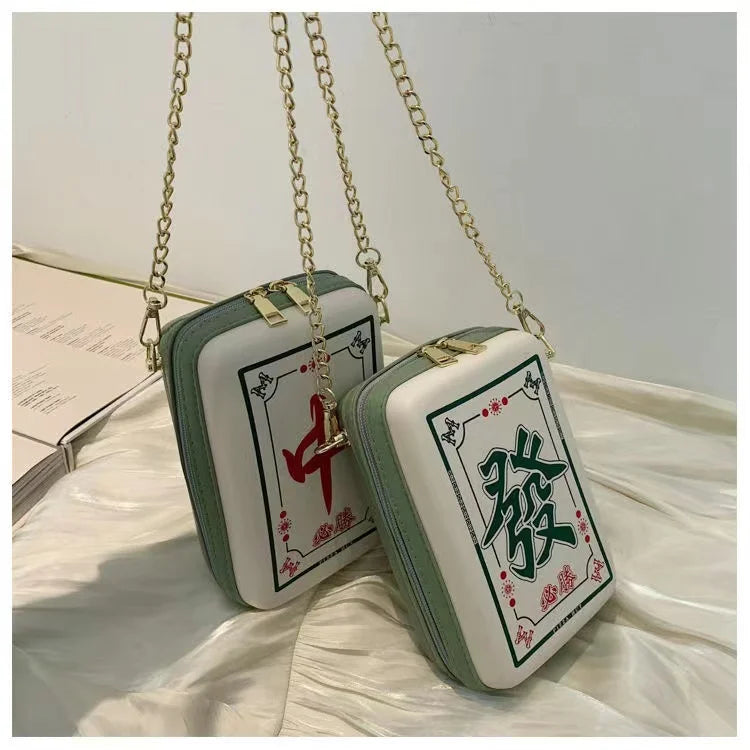 Geantă crossbody chinezească Mahjong pentru femei, creativă, interesantă, cu imprimeu, cu lanț, geantă de umăr, piele PU, geantă messenger la modă