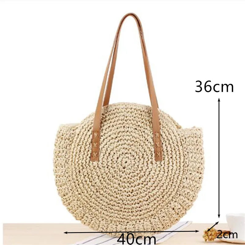 Round Straw Beach Bag Vintage Handmade Woven Shoulder Bag Raffia circle Rattan bags Bohemian Summer Vacation Casual Bags