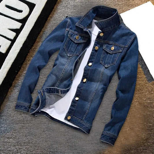 Men Jeans Jacket Stylish Pure Color Slim Fit Jeans Jacket Vintage Men Denim Jacket - Golden Bridge Store
