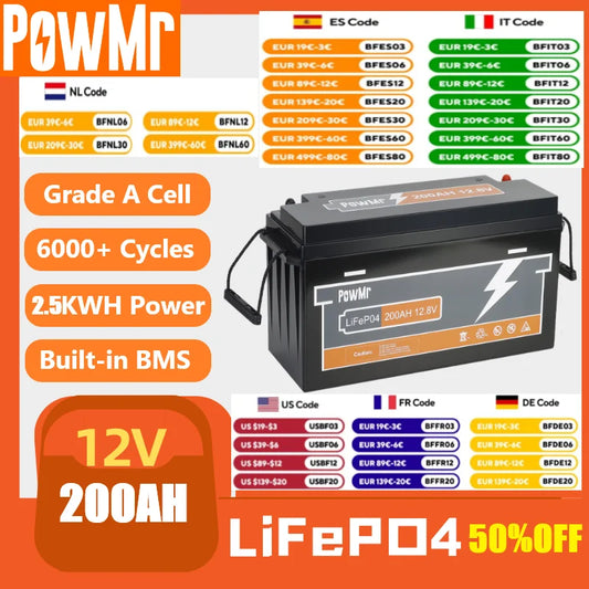 PowMr 12,8V 200AH LiFePO4-Batterie wiederaufladbar Grade A-Zellen 2560WH eingebauter BMS 6000+ Zyklus Heim-Lithium-Batterie-Energiespeicher