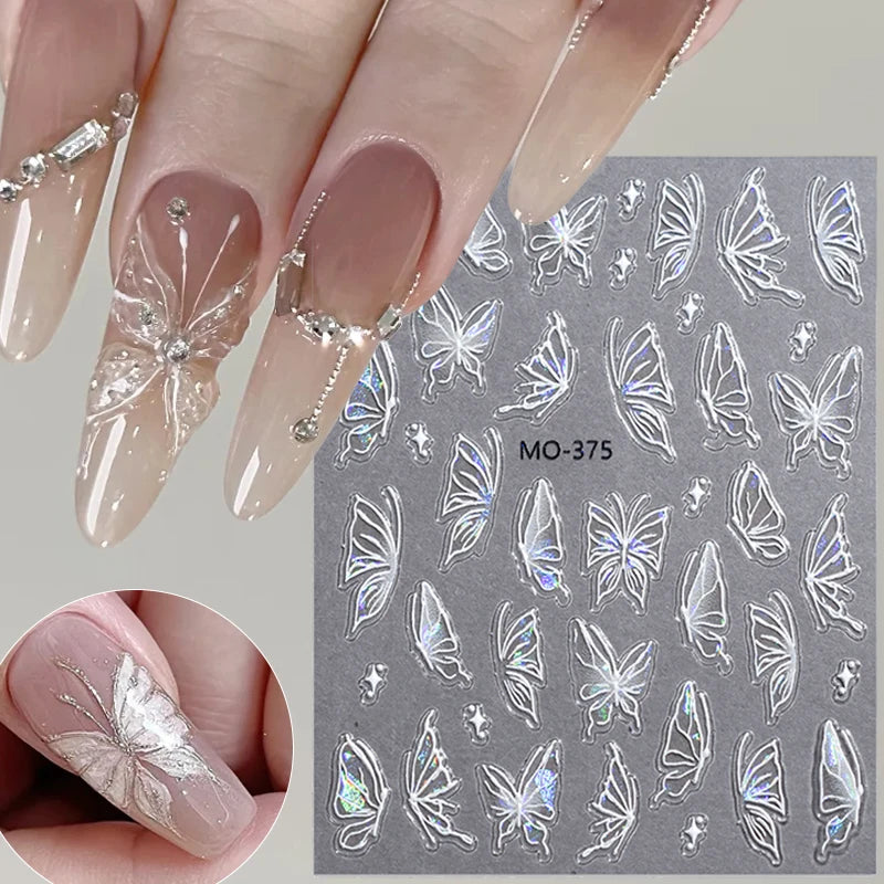 Super Sparkling 3D Butterfly Nail Stickers Auroras Shell Butterfly Elegant Nail Charms Self Adhesive Sliders For Manicure Decals