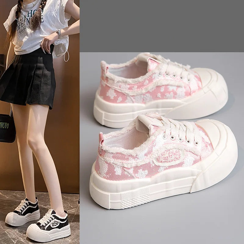 Womens Platform Sneakers White Tennis Shoes Woman Casual Low Top Fashion Chunky Canvas Sneakers 2025 New Spring Summer Trainers