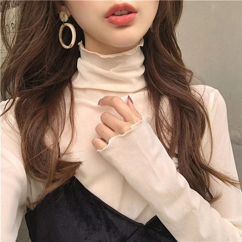 Sexy Women T Shirt See Through Transparent Tops Long Sleeve Ladies T-Shirt Pink Green Basic Top for Female Bottoming Blouses
