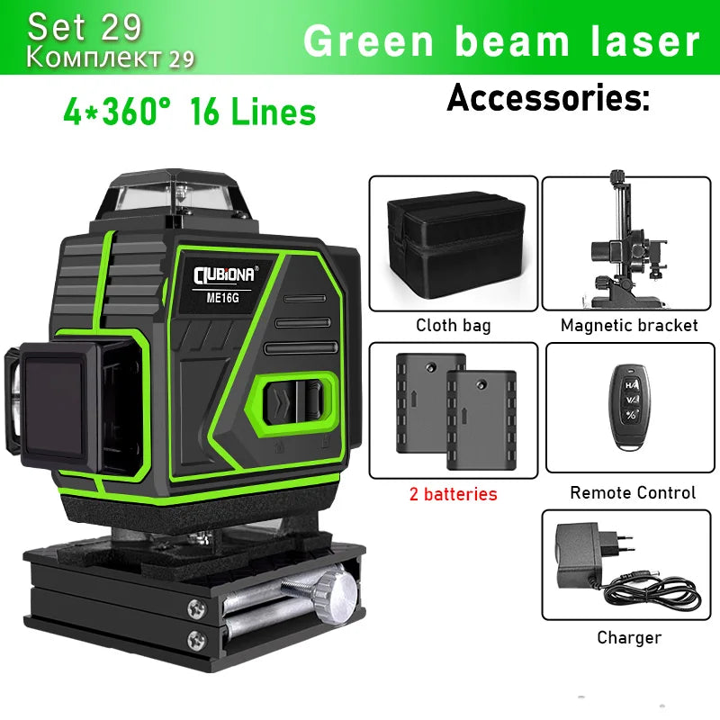 CLUBIONA 16/12 lines Self-leveling Remote Control Outdoor Mode - Receiver Auto 3x360 Green beam Line Laser Level