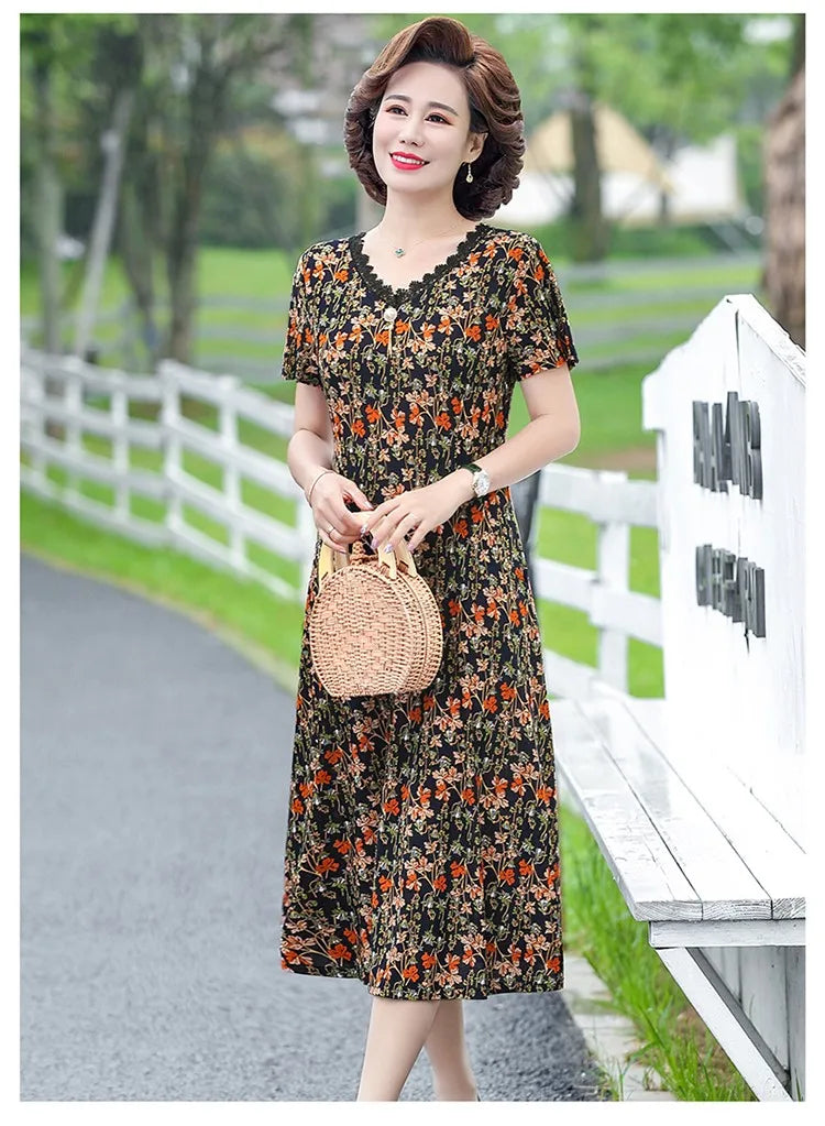 Elegant Women Dress Elegant Casual V-Neck Print Vintage Ladies Mid-Calf High Waist Summer Bohemian Dresses