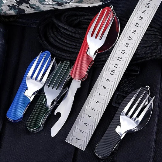 Besteck-Set 2025: 4-in-1 Stainless Steel Cutlery Set Foldable Knife Fork Spoon - Picnic Bottle Opener Compact Outdoor Tableware Camping Tool Collection
