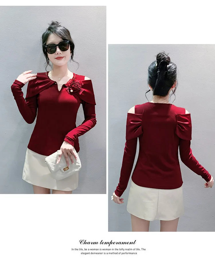 Women T-shirt Fashion T Shirt Cotton Slim Tee For Ladies Autumn Clothing New Long Sleeve Beading V-Neck Tops