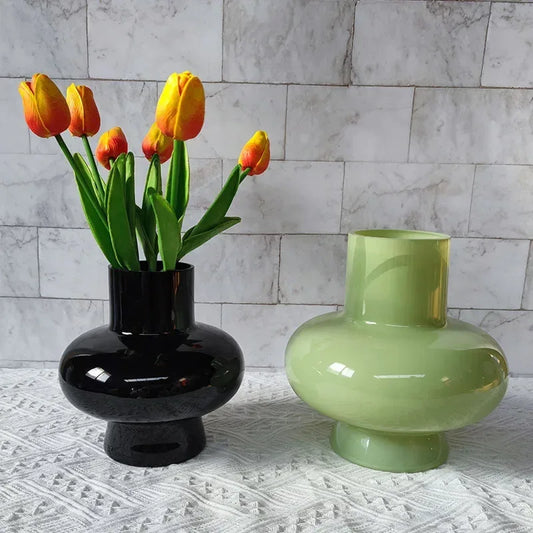 Green Pot Bellied Glass Vase Floral Arrangement Accessories Hydroponics Terrarium Flower Vase Home Decoration Accessories - Golden Bridge Store