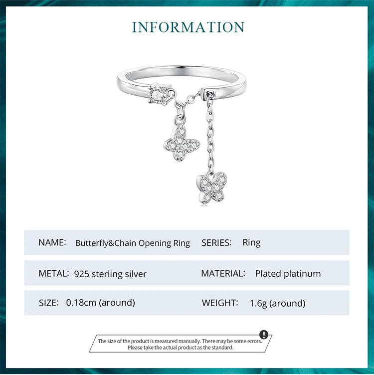 WOSTU 925 Sterling Silver Butterfly Link Open Rings pentru femei delicat strălucitor zircon reglabil inel Fine Party bijuterii cadou