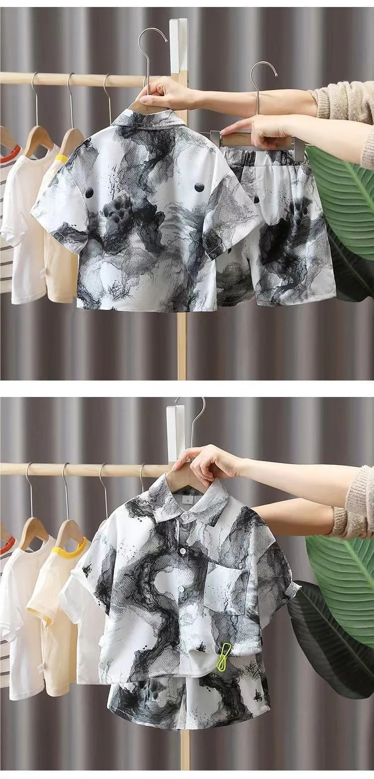 New 2024 Summer Kids Clothes Sets Baby Boys Short Sleeve Lapel Tie-dye Print Shirt Top with Shorts Children Casual Clothing