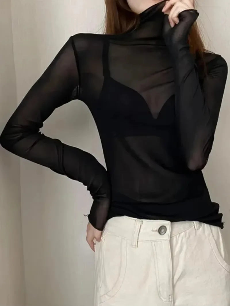 Sexy Women T Shirt See Through Transparent Tops Long Sleeve Ladies T-Shirt Pink Green Basic Top for Female Bottoming Blouses