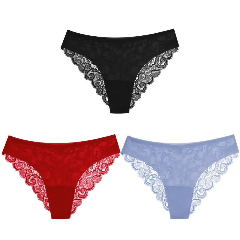 TrowBridge 3PCS Women's Panties Set Sweet Lace Underwear Soft Silk Satin Lingerie French Romantic Woman Briefs Female elegant Panty