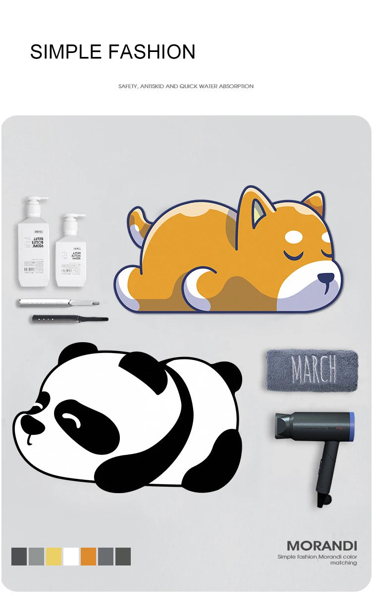 Panda Cartoon Dog Pattern Soft Cushion Bath Mat Quick Dry Super Absorbent Non-slip Bathroom Rug Diatom Mud Carpets Waterproof
