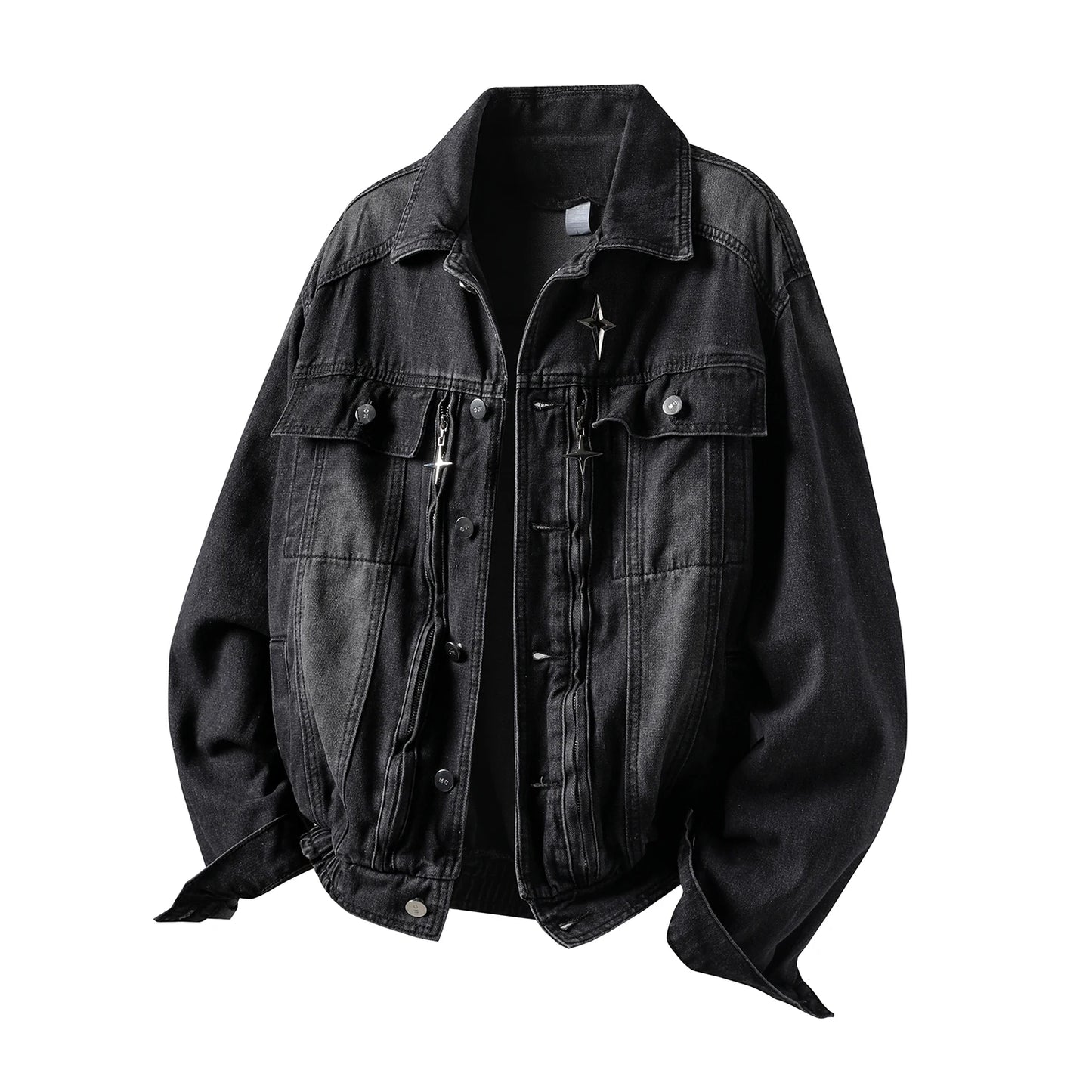 Washed Black Cargo Denim Jacket Men Baggy Zip Up Distressed Outerwear American High Street Blue Loose Casual Jeans Jacket