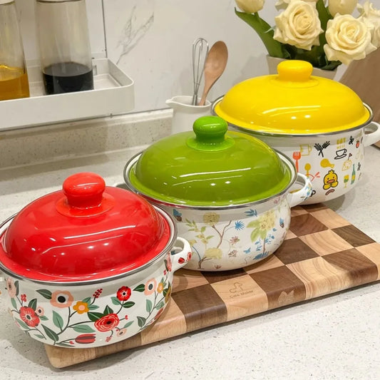 Kitchen Cookware Utensils Set 16/18/20CM Red Yellow and Green Enamelled Pots and Pans, 3-piece Set, Induction Cooktop, Open Fire - Golden Bridge Store