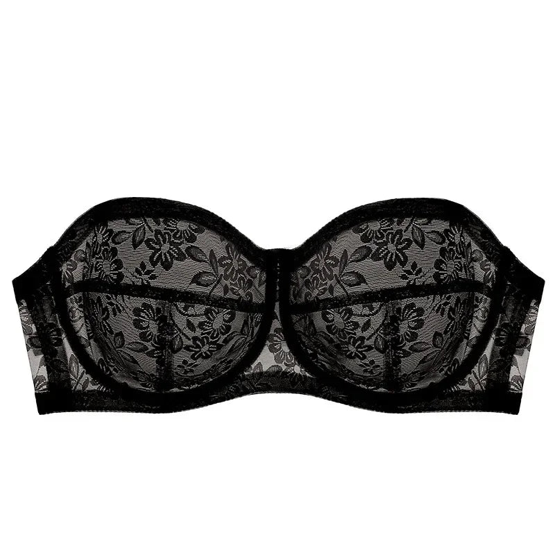 Women's Lingerie Strapless Ultra Thin Bra Transparent Embroidery Floral Brassiere Sexy Invisible Bralette Ladies Underwear