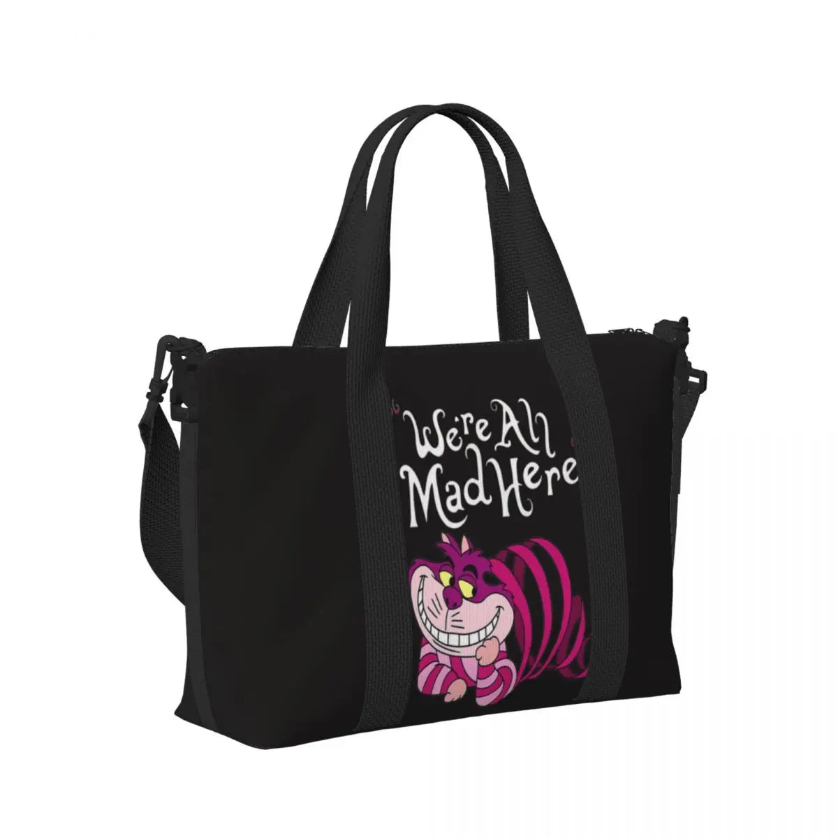 Geantă de plajă personalizată cu pisica Cheshire pentru femei, cu compartiment mare pentru sală și plajă, We're All Mad Here Cat