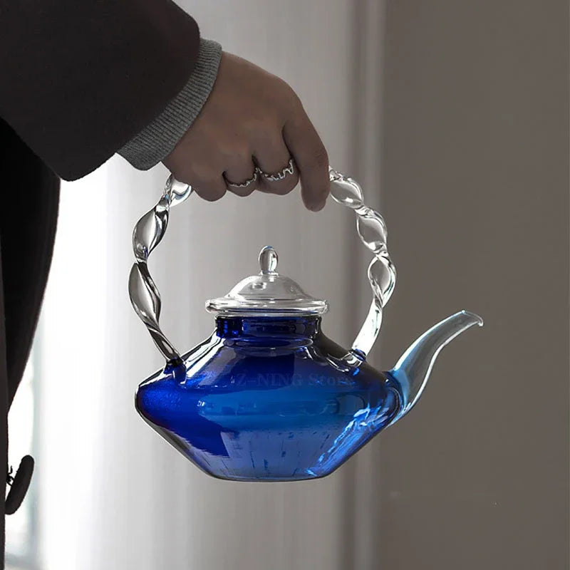 Blue Glass Teapot Teacup Tea Filter Mesh Glass Coffee Pot Heat-resistant Glass Pot Household Kitchen Kettle Exquisite Gift 2022