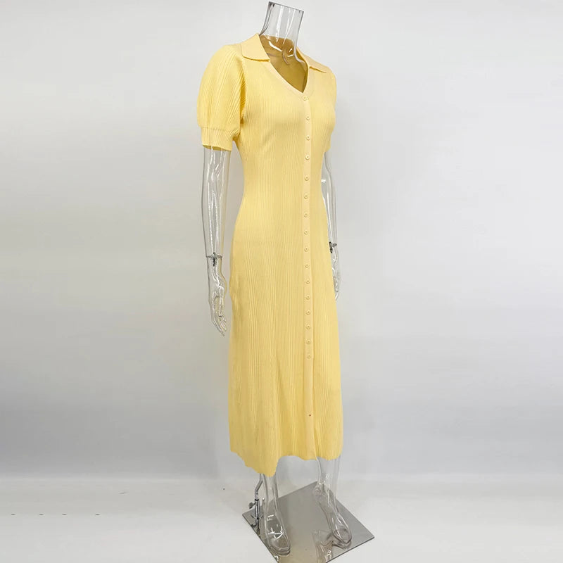 Rochie lungă tricotată Tornova cu mâneci bufante - Mărime universală, Material poliester spandex, Lungime gleznă