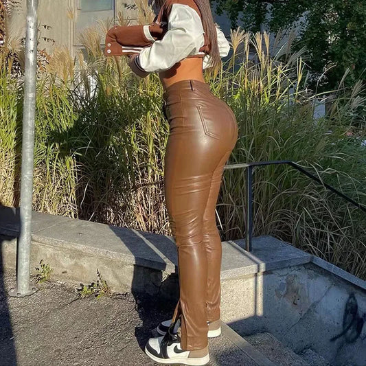 ML Lederhose Slim Reißverschluss - Damen Schwarz PU Eng