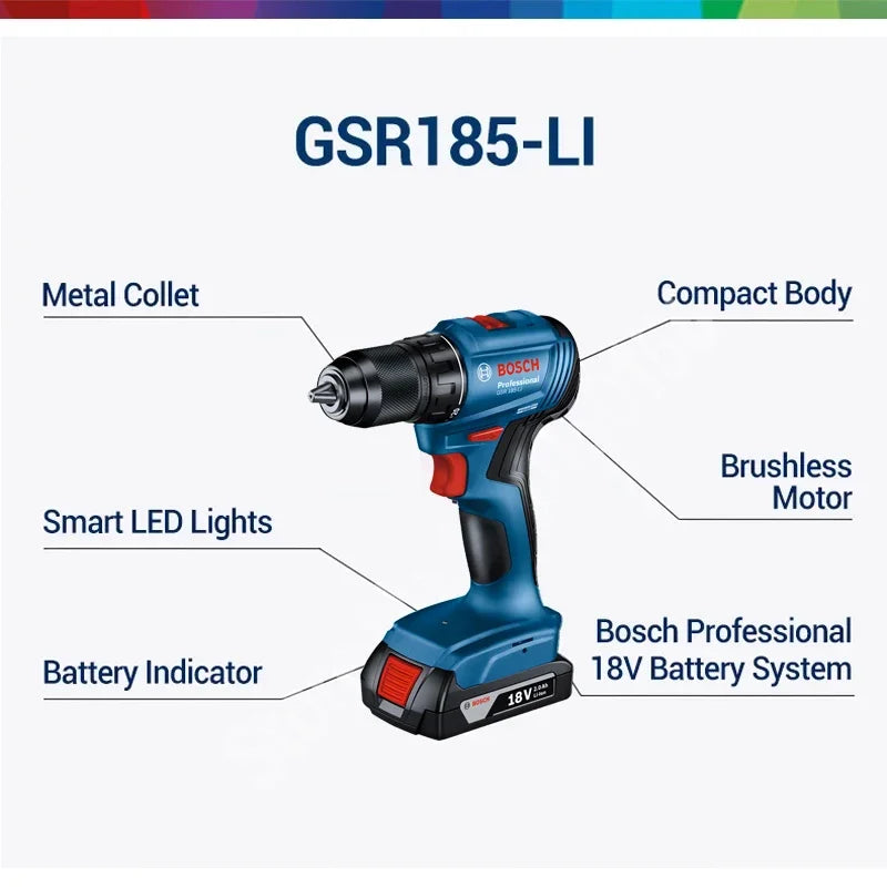 Bosch GSR 185-Li Cordless Drill Electric Screwdriver 18V Brushless Motor Rechargeable Drill Driver Power Tools for Metal Wood