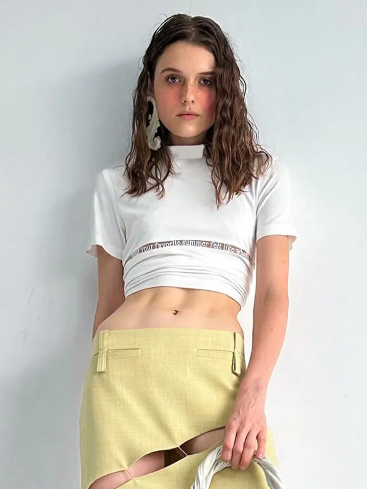 White T Shirts For Women Streetwear Letters Tshirt Hollow Out Crop Top Y2k Clothes Short Sleeve Ropa De Mujer Slim Fit Camisetas