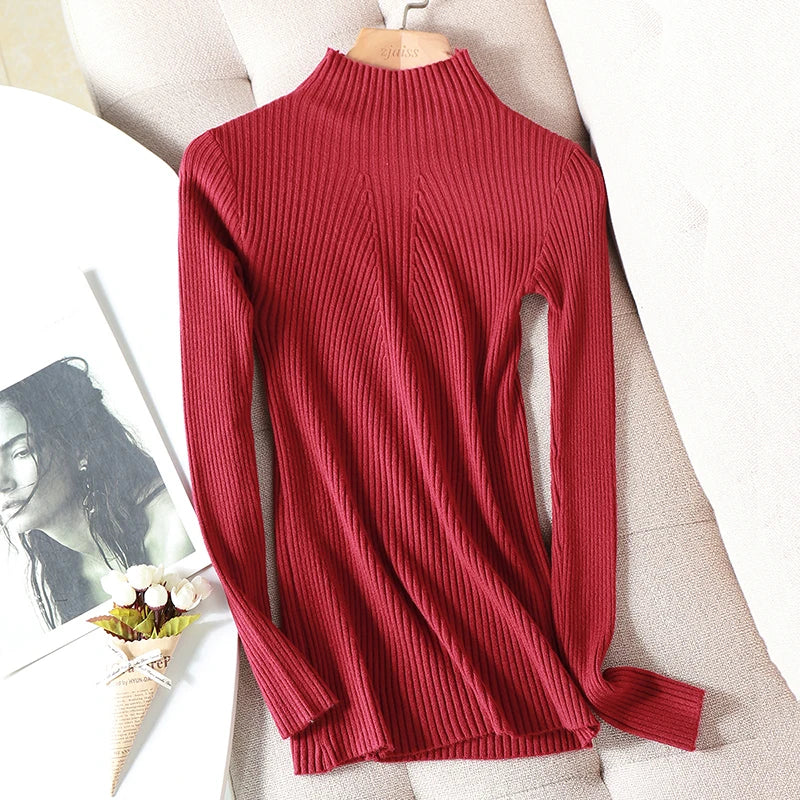 Pulover Livia cu guler înalt slim, cu nervuri - S-XL, mânecă lungă