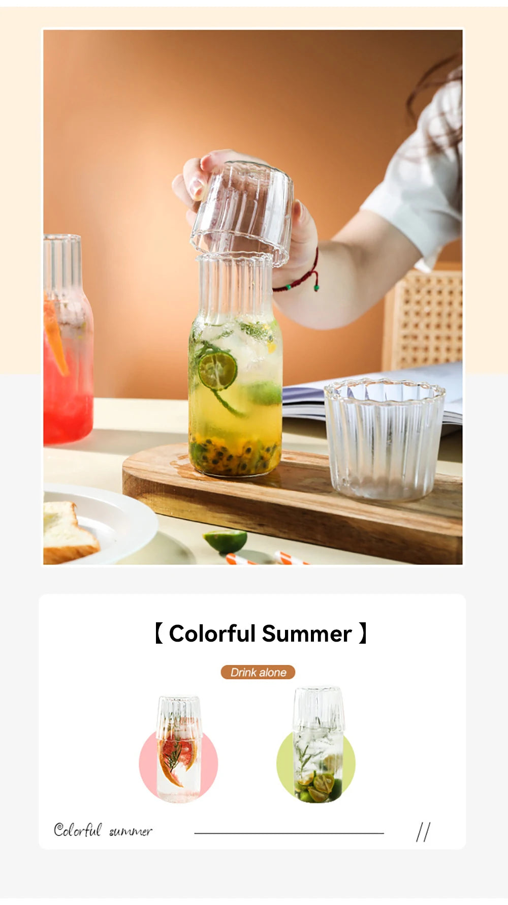 Glass Water Bottle with Glass Cup Set Drinkware Bedside Carafe with Tumbler Glasses Drinking Pitcher for Milk Beverage Tea