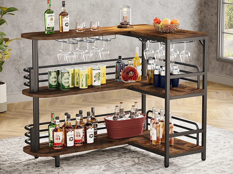 Hausbar 2025: Tribesigns L-Shaped Home Bar Unit - 3 Tier Liquor Bar Table Storage Shelves Wine Glasses Holder Collection