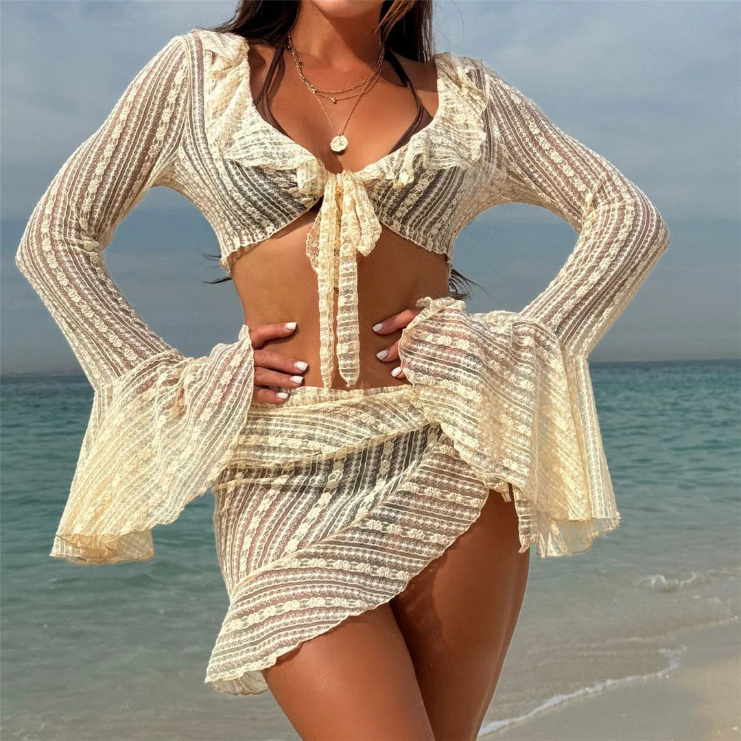 4PCS Halter Bikini Set Sarong Langarm - Vierteilig S M L