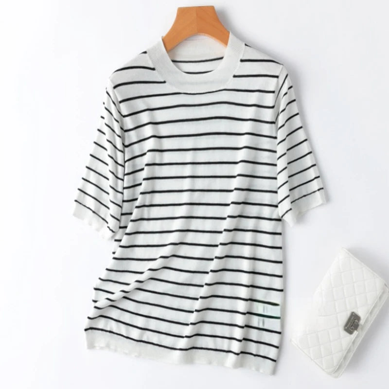 Women Knit T-Shirt 70% Mulberrry Silk 30% Cotton Round Neck Stripes Short Sleeve Sweater Pullover Top Shirt L XL XXL LY040
