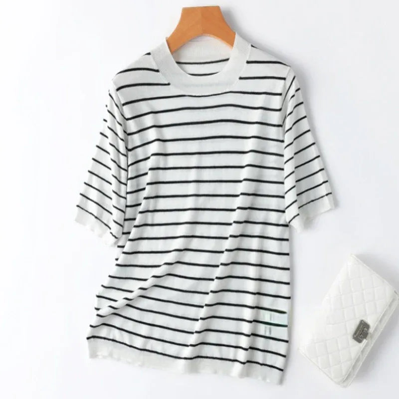 Women Knit T-Shirt 70% Mulberrry Silk 30% Cotton Round Neck Stripes Short Sleeve Sweater Pullover Top Shirt L XL XXL LY040 - Golden Bridge Store