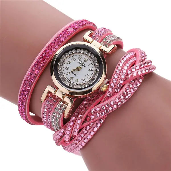 Damen-Uhr 2025: MOONBIFFY Fashion Casual Gold Quartz Women Rhinestone Watch - Braided Leather Bracelet Watch Gift Ladies Wristwatch Relogio Feminino Gift Collection