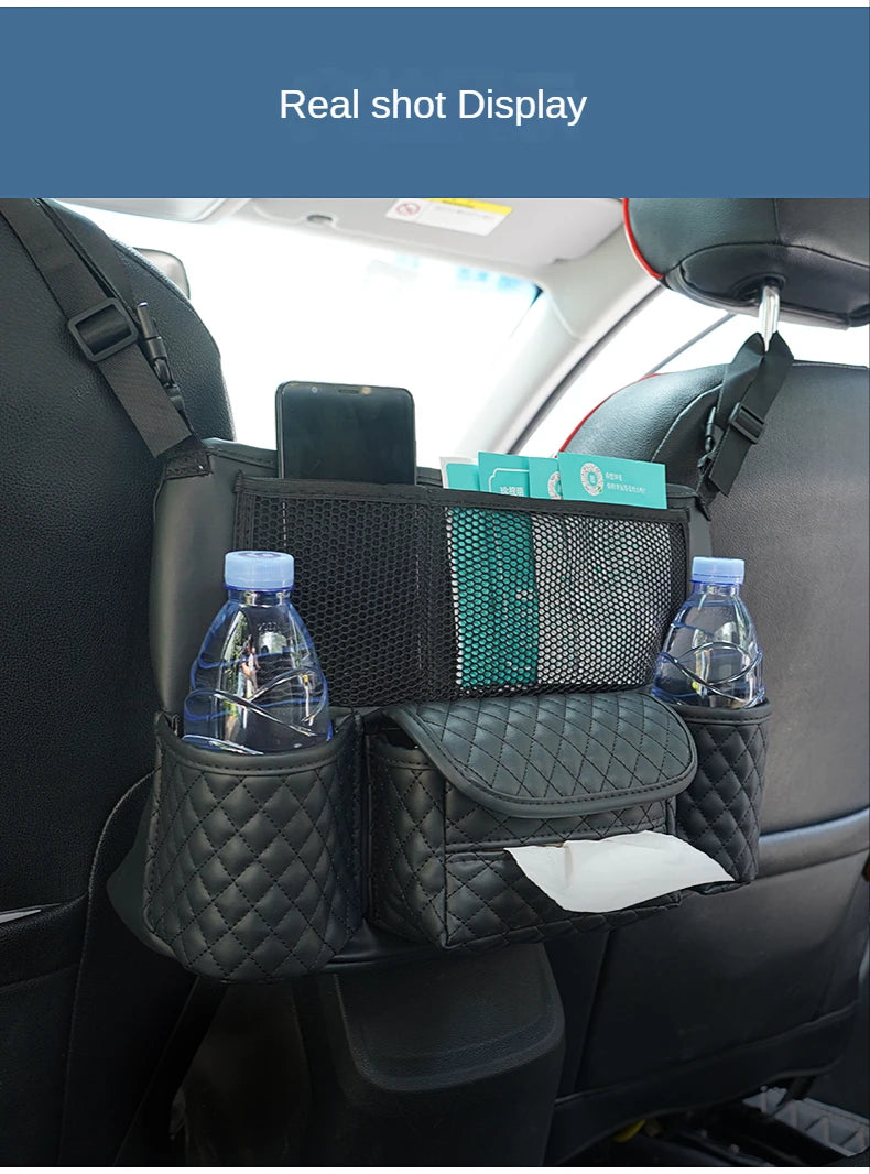 Geantă de depozitare din piele pentru scaunul auto, suport pentru geantă de mână auto de lux între scaune, buzunare pentru pahar de apă, depozitare și ordonare