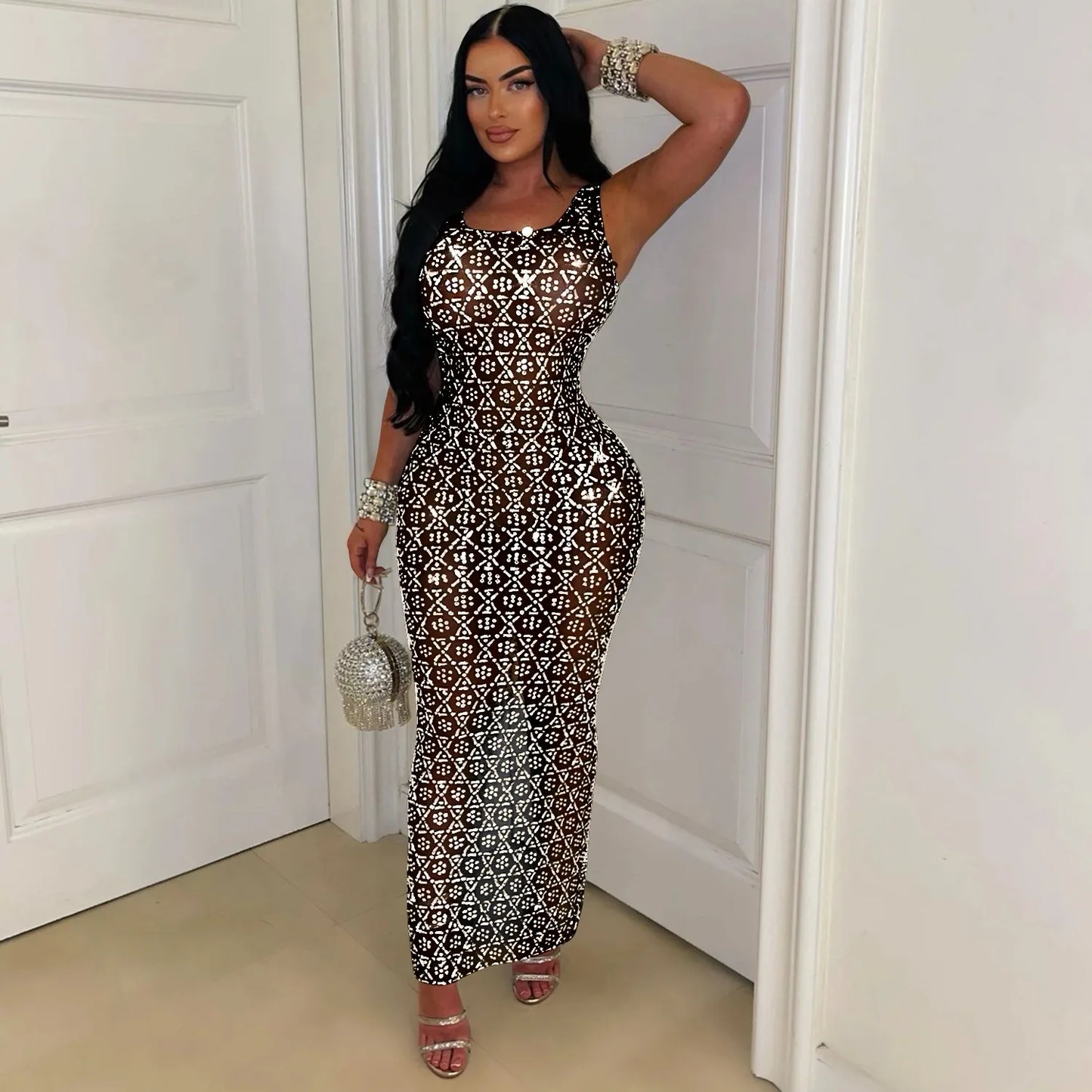 Rochie de damă 2025 - CM.YAYA Rochie lungă de vară fără mâneci cu strasuri, plasă, seară la modă