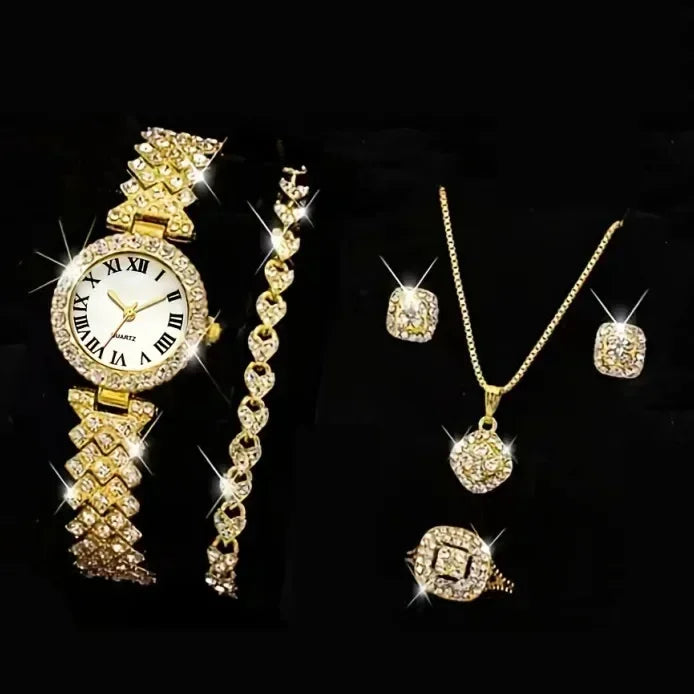 Mode Luxus Vollkristall 5-teiliges Set - Uhr Halskette Ohrringe Ring Set für Damen - Strass Armbanduhr Damen Armband Set Geschenk