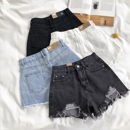 Korean Denim Shorts Women Summer Fashion Casual High Waist Ripped Jeans Pocket Tassel Y2K Hot Pants Streetwear Blue Trousers - Golden Bridge Store