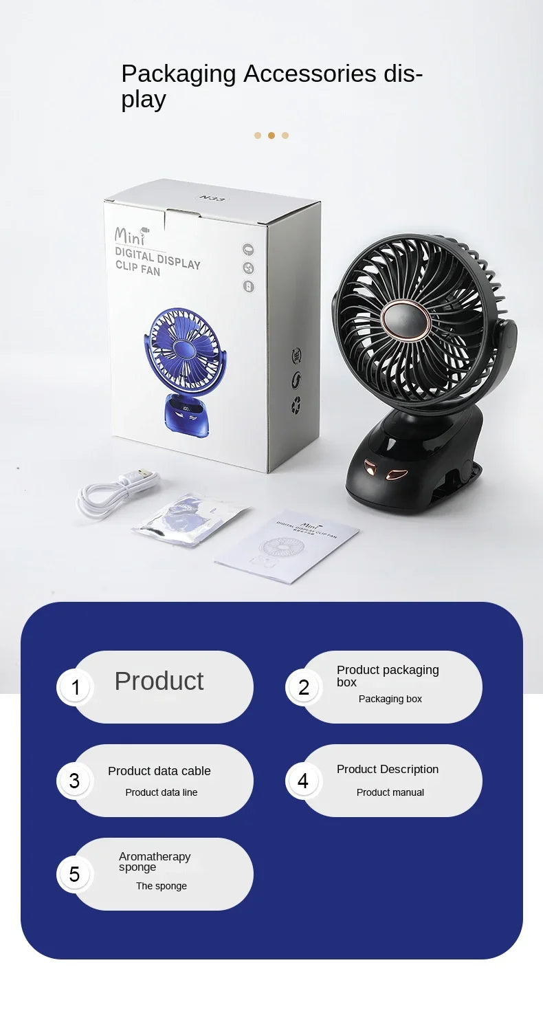 3000mAh Portable Clip Fans USB Rechargeable Wireless Handheld Desk Fan 90° Rotation Cooling 5 Speed Quiet Small Fan for Home