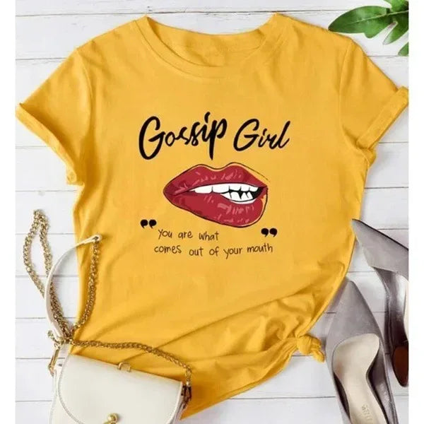 Women T Shirt Gossip Girl Red Lip Print Tshirt Women Short Sleeve O Neck Loose T-shirt Ladies Summer Causal Tee Shirt Clothes - Golden Bridge Store