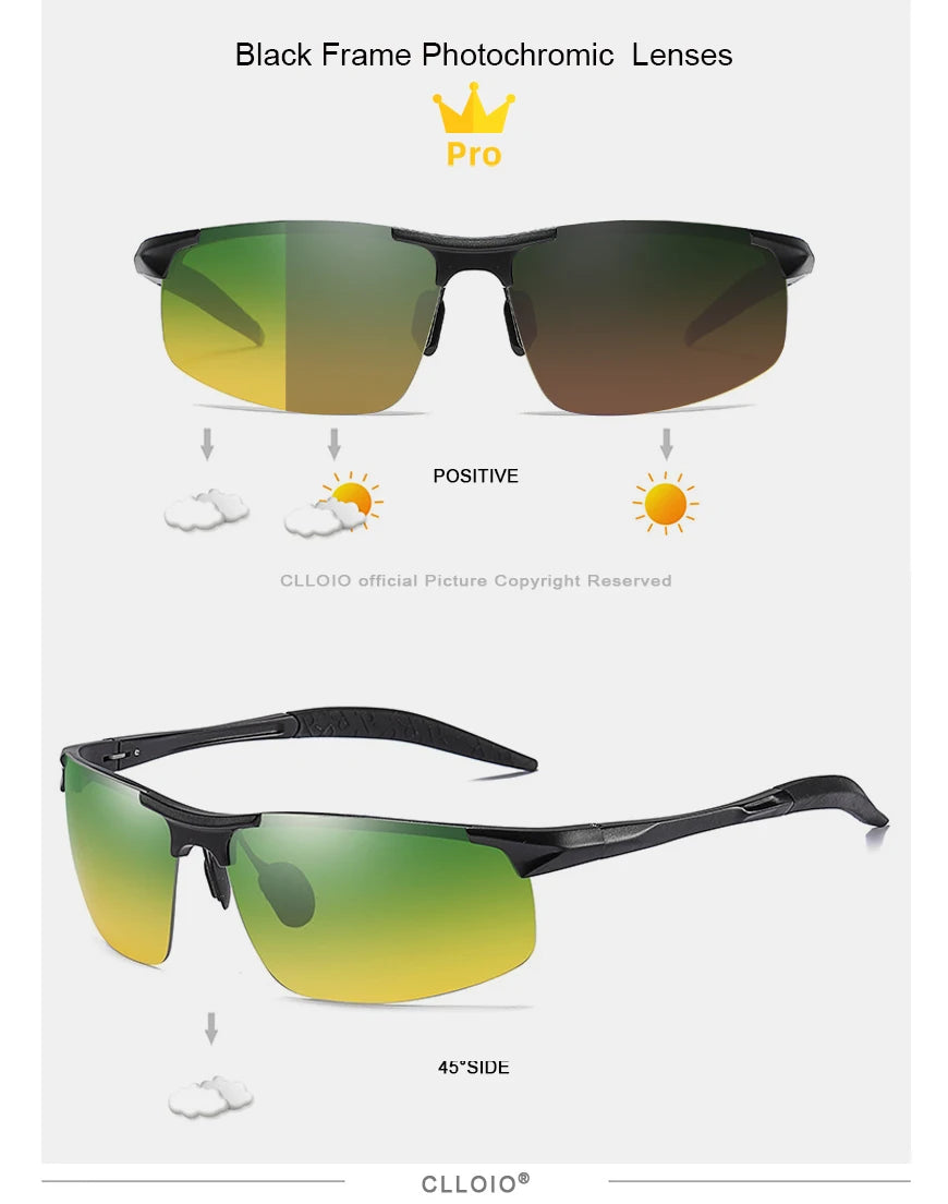 CLLOIO Aluminium Rimless Photochromic Day Night Vision Anti-Glare Glasses Men Polarized Driving Sunglasses Travel Fishing Goggle