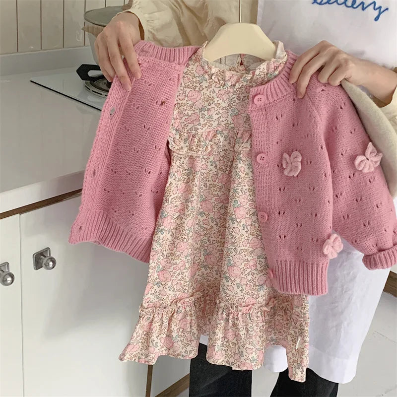 Girls Floral Set Infant Baby 2Pcs Autumn Outfit with Knit Cardigan Bow Sweater And Princess Dress Children Kids Sweet Style