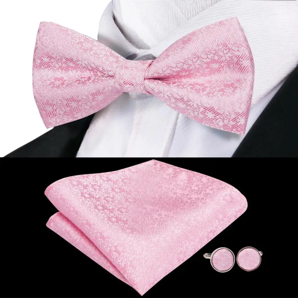 Hi-Tie Silk Mens Bow Tie Pocket Square Cufflinks Set Peach Pink Salmon Pre-tied Butterfly Knot Bowtie for Male Wedding Business
