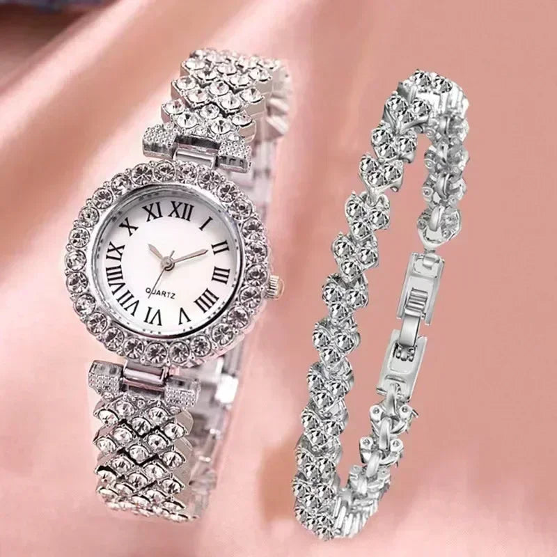 Mode Luxus Vollkristall 5-teiliges Set - Uhr Halskette Ohrringe Ring Set für Damen - Strass Armbanduhr Damen Armband Set Geschenk