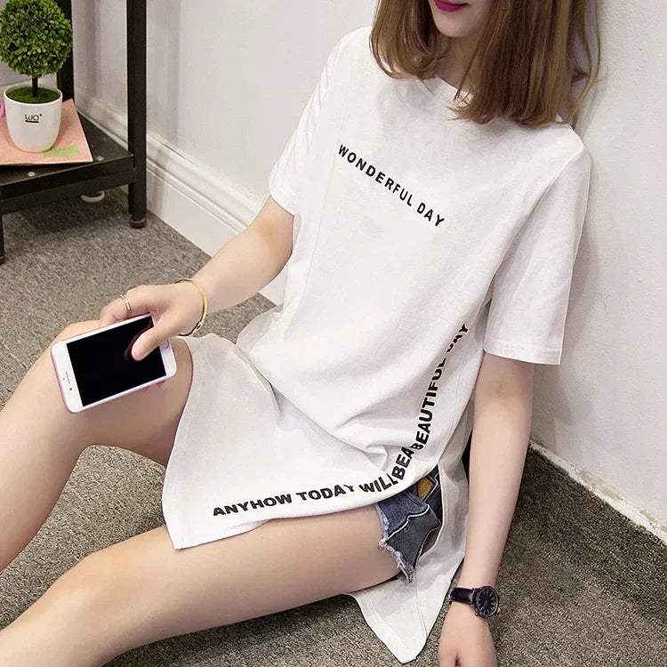 Women T-shirts Anime Y2k T Shirts Gothic tops 2023 Summer Loose Slit Femme Cotton T shirt Print Long Short Sleeve Ladies T-shirt
