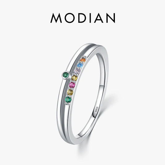 MODIAN 925 Sterling Silver Rainbow Cubic Zirconia Double Layer Ring For Women Geometric Design Ring Fashion Fine Jewelry Gifts